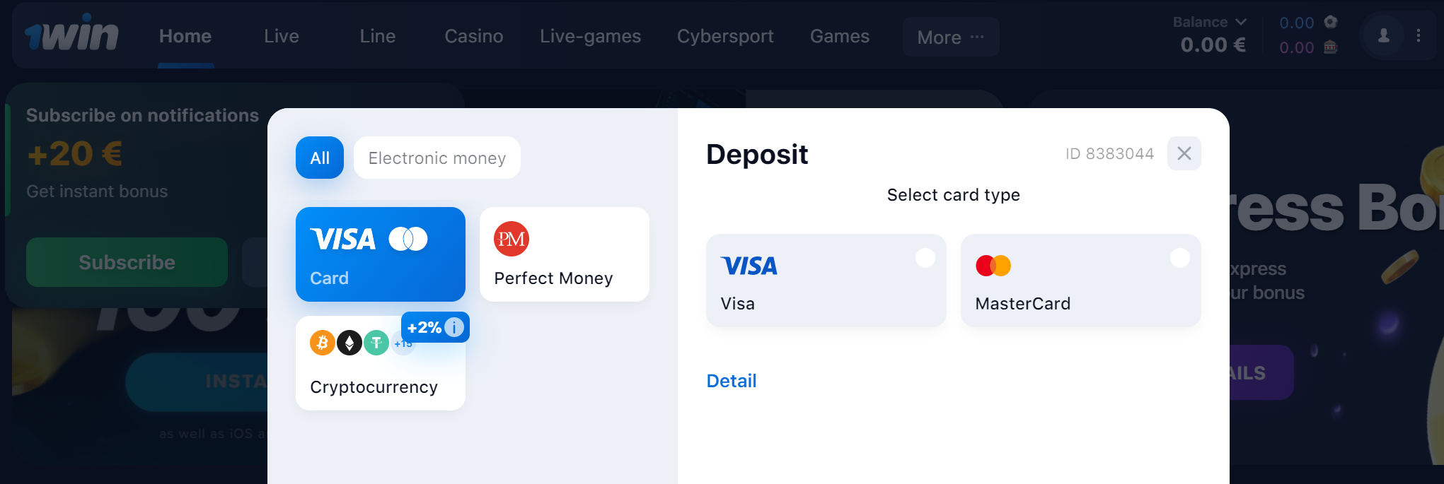 1win deposit methods Visa